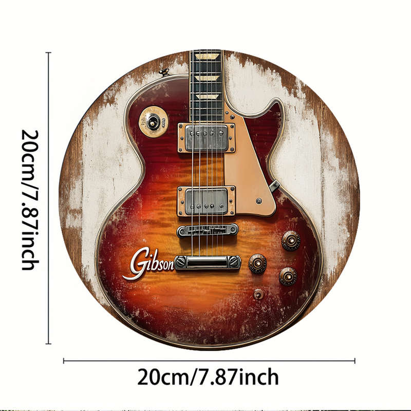 1pc Vintage Gibson Guitar Aluminum Wall Art Sign 19.81x19.81 cm Round Metal Decor with Distressed