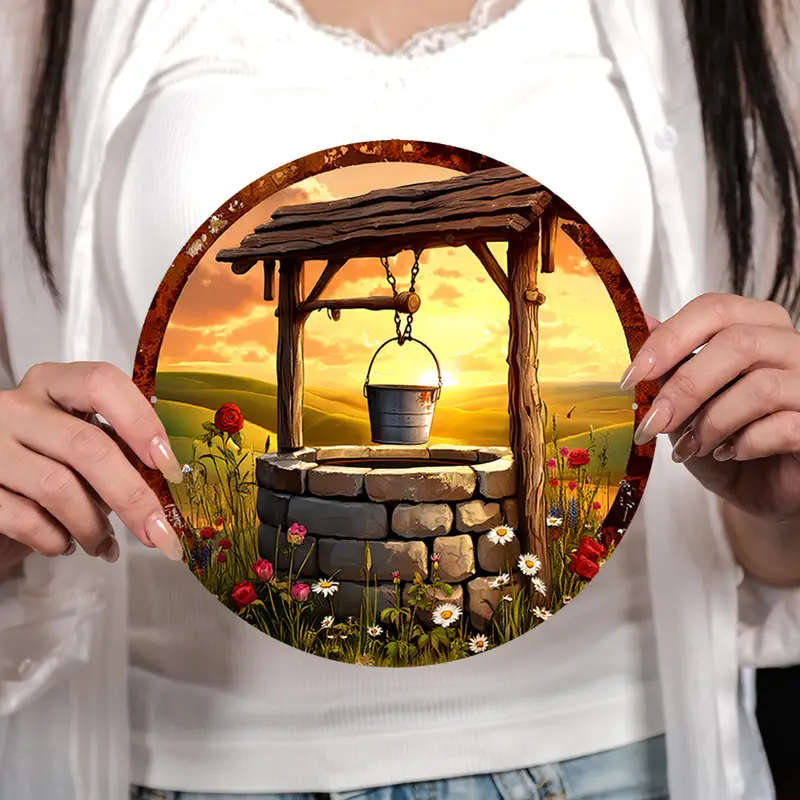 1pc Room Decor Rustic Well Sunset Aluminum Wall Art Circular Foil Engraving Sign 19.81 cm Ideal for