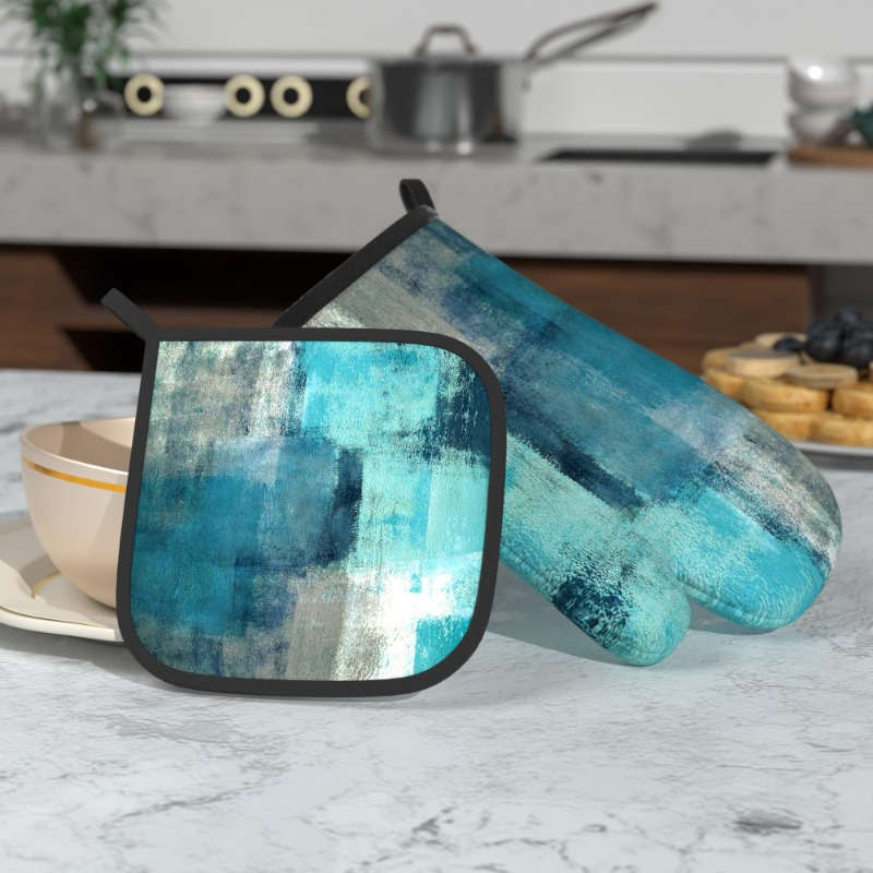2pcs Heat-Resistant Oven Mitts Pot Holders 26.92x17.02 cm Blurred Blue White Pattern Dur