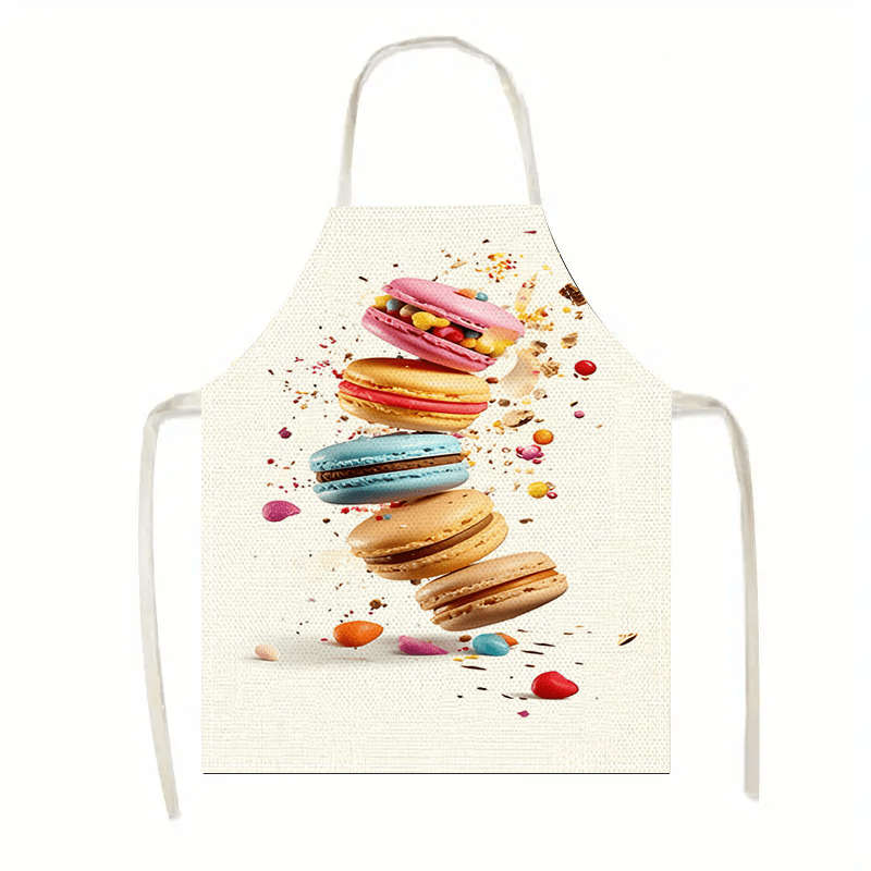1pc Chic Linen Apron Large Size Cute Macaron Dessert Print Sleeveless Durable Kitchen Wear for