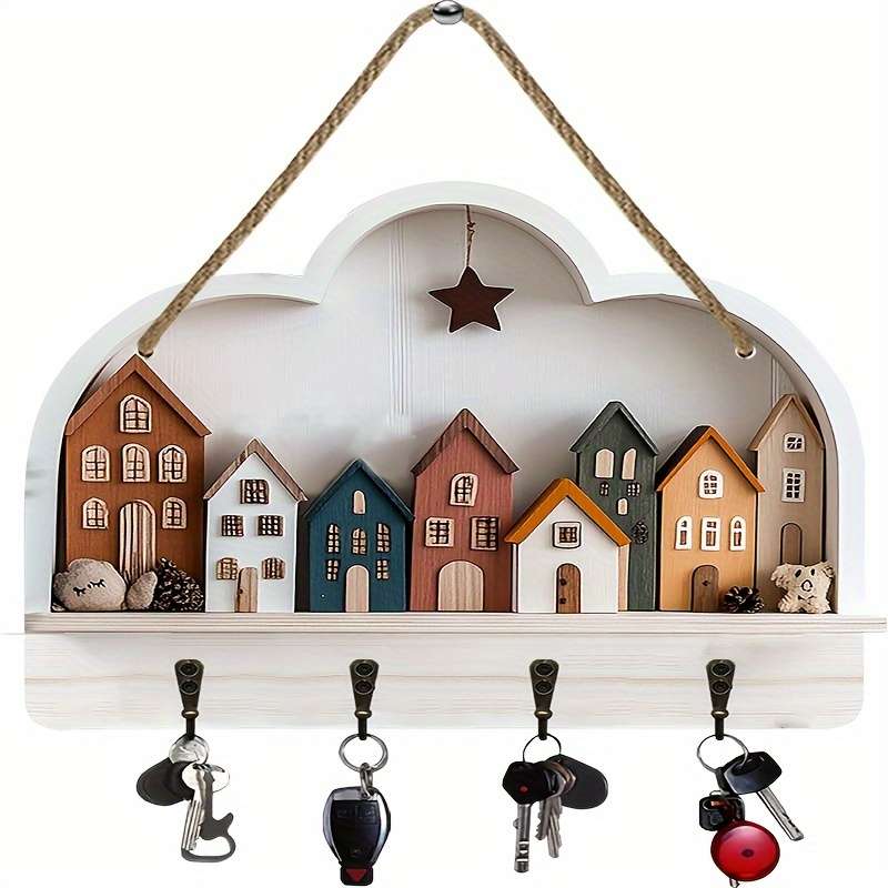 2D Flat 1pc Rural Town Simple and Colorful Wooden and Home Key Rack with Four Metal Hooks 30.0cm
