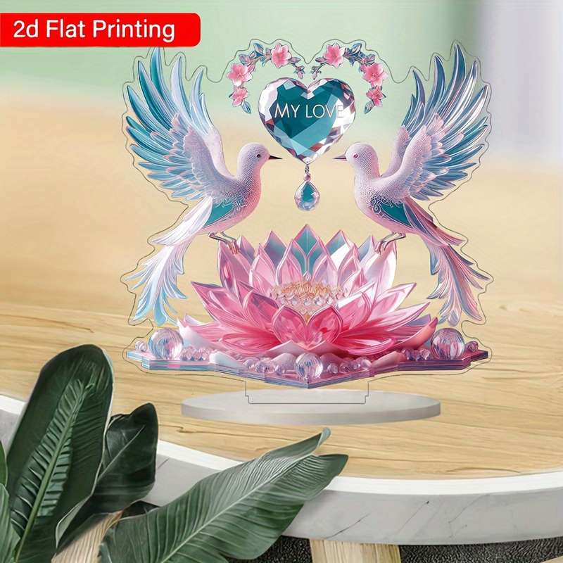 1pc 2D Flat  Printing  Acrylic Desk Decor with Doves Lotus Flower Design Glam Style No