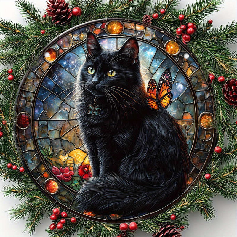 1pc 2D Flat   1 mysterious black cat theme  sun catcher acrylic round wreath logo retro
