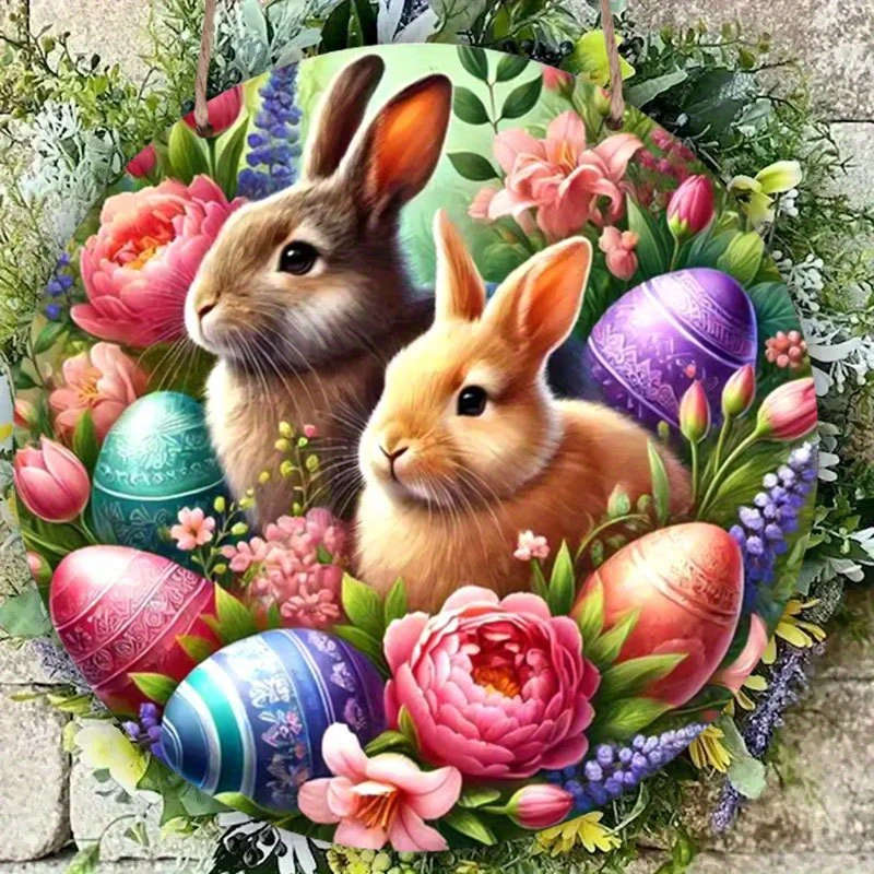 1pc Easter Bunny Eggs Wooden Sign 19.81cm Round Perfect for Indoor Outdoor Decor Wreath Accent Ideal