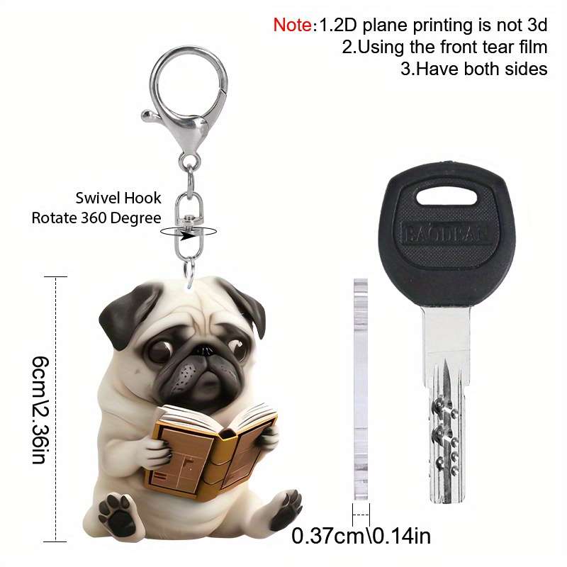 1pc 2D Flat  Acrylic Valentines Pug Dog Keychain Charm Keychain for Handbags Tote Bag Purse Charms C