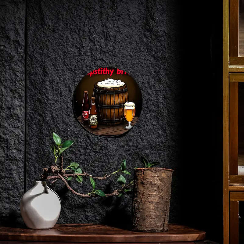 1pc Vintage Beer Barrel Glass Round Metal Sign 19.81cm UV-Resistant Aluminum Wall Art Easy to Hang w