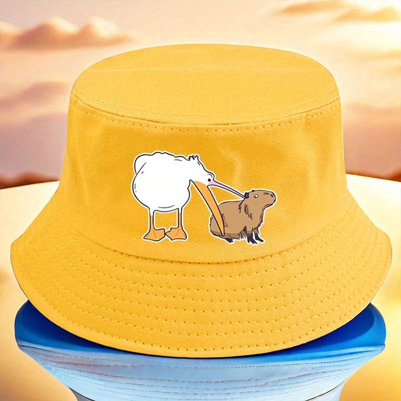 1pc Fun Goose with Big Mouth Eating Small Animals Print Bucket Hat Versatile and Lightweight Avai