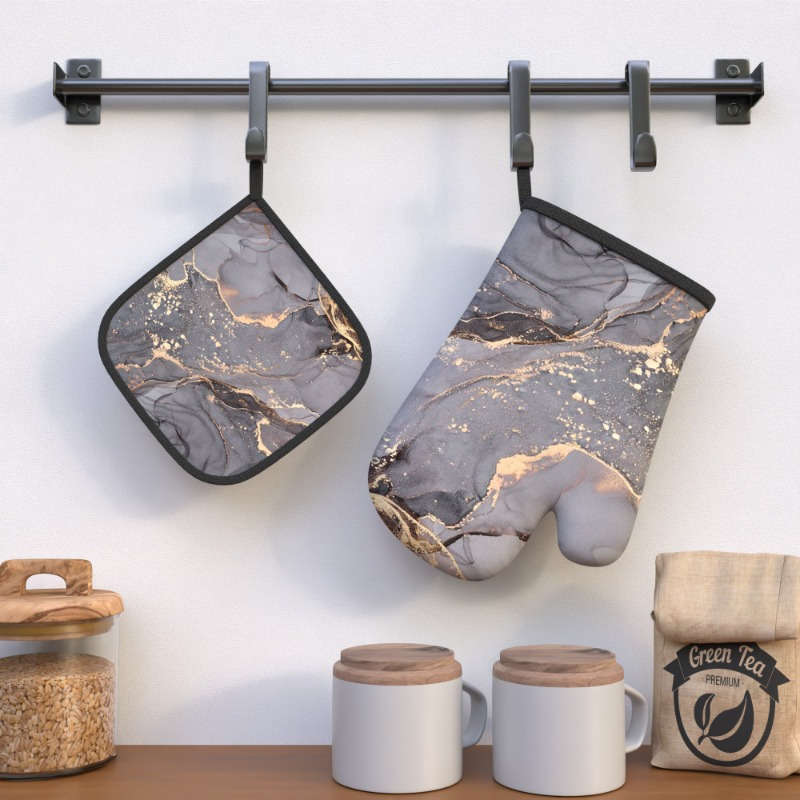 2pcs Grey Marble Pattern Polyester Oven Mitts Heat Resistant Potholders Machine Washable Wov
