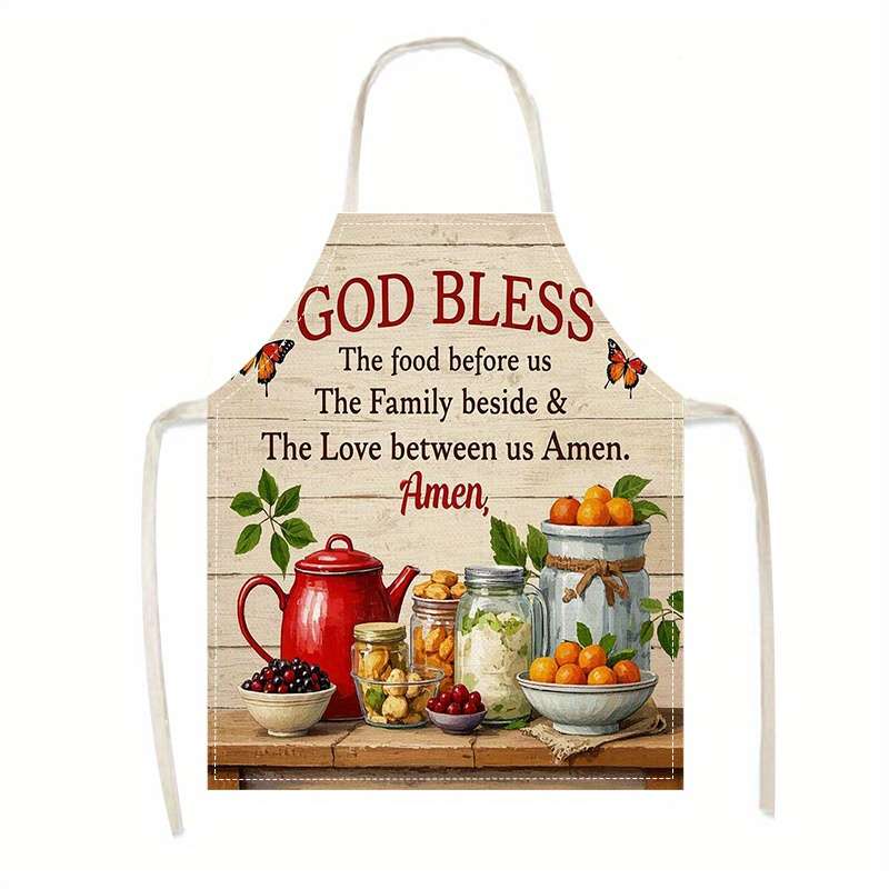 1pc Linen Kitchen Apron with Vintage Food Print "God Bless Our Family" Design Easy-Clean Co