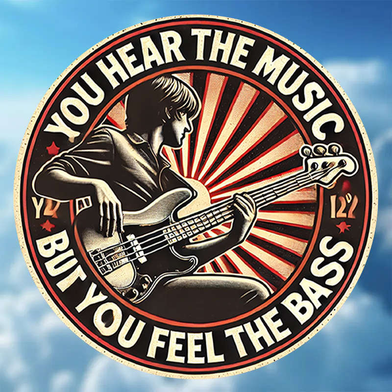 1pc Retro 8-Inch Round Metal Sign with Electric Bass Guitar Design 'You Hear the Music But You F