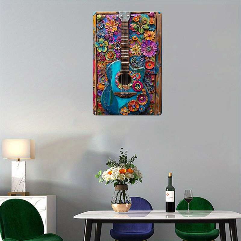 1pc Vintage Hippie Guitar Aluminum Tin Sign 8x12 Inch 20x30cm No Electricity Required Wall-Mo