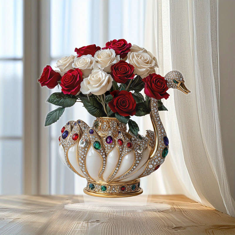1pc 2D Flat  Elegance Swan Vase with Gemstone Embellishments White and Gold Acrylic Tabletop Deco