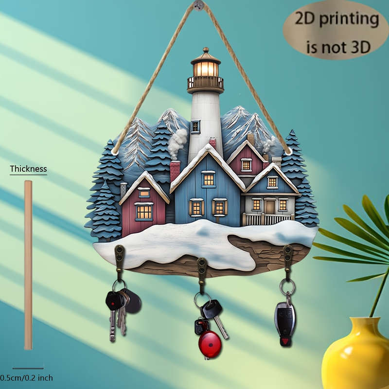 Bohemian Lighthouse and Snowy Cabin Wooden Key Holder with 3 Metal Hooks Charming Wall-Mounted Sto