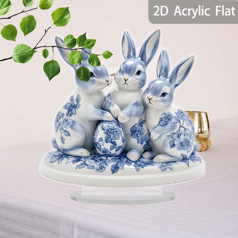 1pc 2D Flat   Plane Easter Blue and White Porcelain Rabbit and Egg  Acrylic Sun Catcher Desk