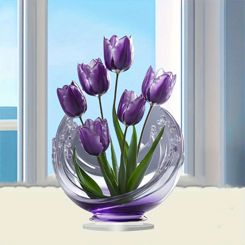 1pc 2D Flat  Elegant Purple Tulip Acrylic Crystal Tabletop Decoration Perfect for Bedroom Living