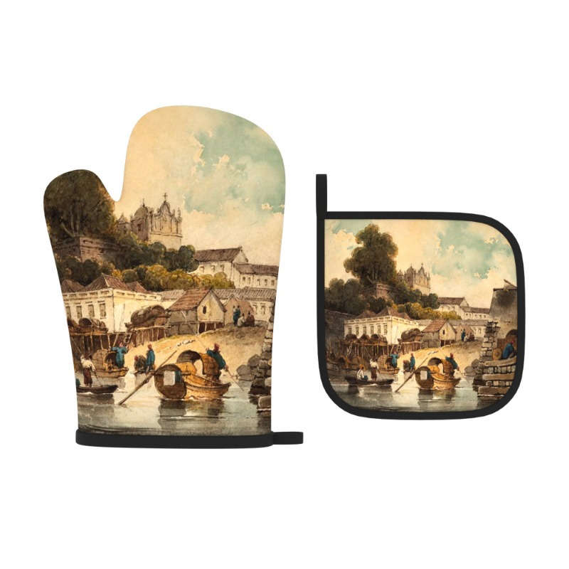 2pcs Heat-Resistant Oven Mitts with Charming Small Town Life Design 26.92x17.02 cm Polyester
