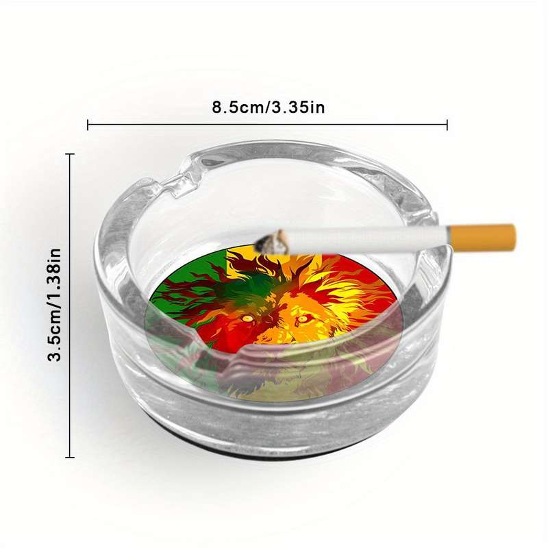 1pc Lion King Glass Ashtray with Non-Slip Base Vibrant Red Yellow Green Design Crystal Clear Rou