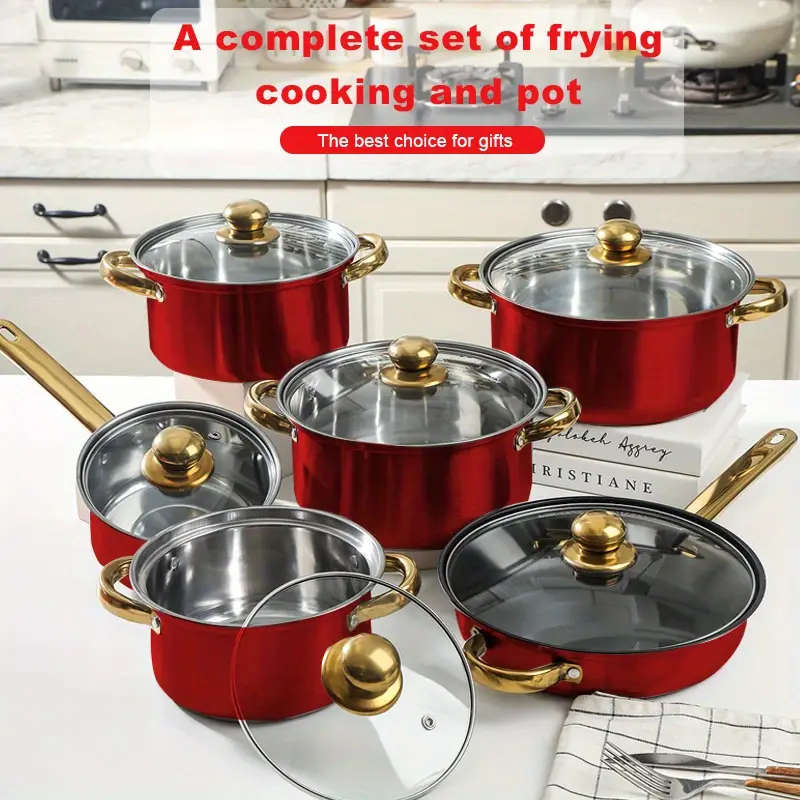 12-Piece Red Stainless Steel Frying Pan Set with Lids