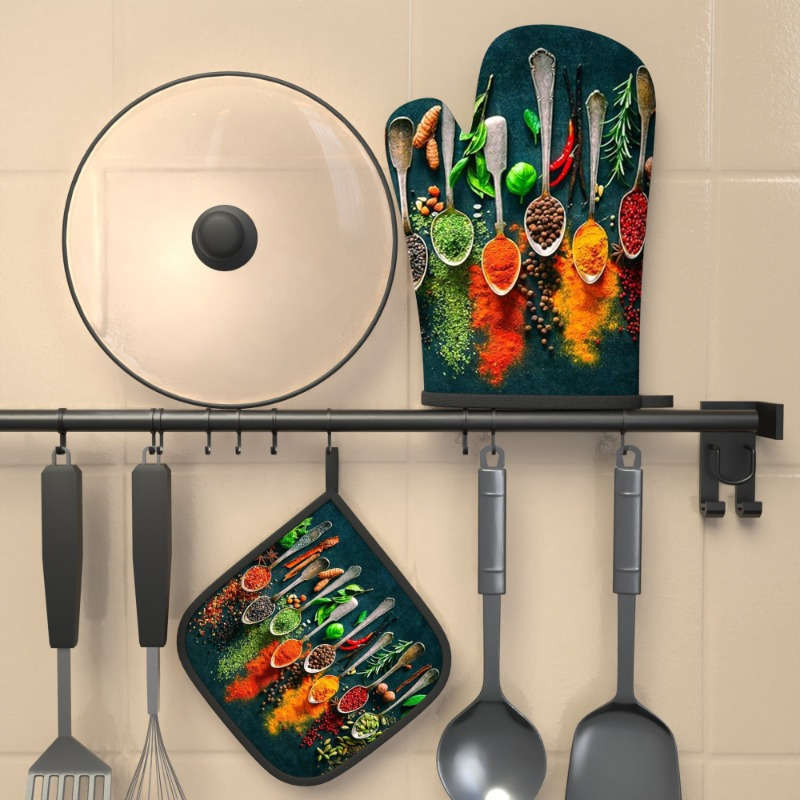 2pcs HeatGuard Kitchen Oven Mitts and Potholders Set Colorful Spices and Herbs Design 100% Po