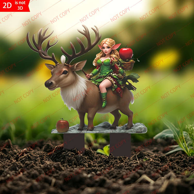 1pc 2D Flat  Farmhouse Style  Garden Lawn Ornament Girl Riding Deer with Apples Durable P