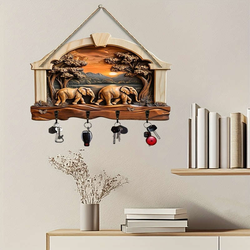 2D Flat 2Dflat1pcs Walking Elephant Simple Colorful Wooden and Home Key Holder with Four Metal Ho