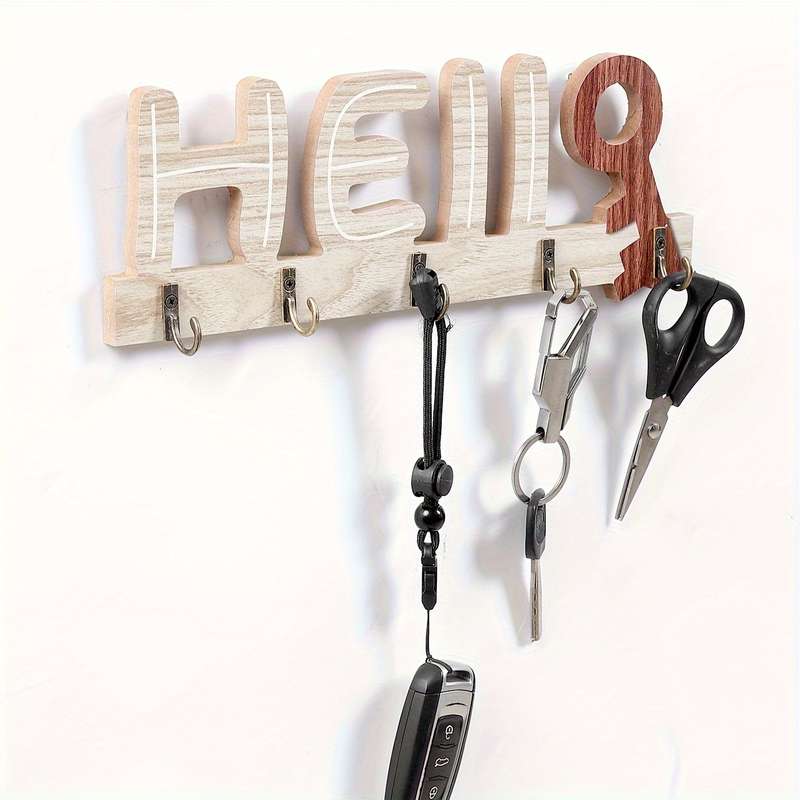 Handcrafted Rustic Wooden Key Holder with "Hello"  "Welcome" DesignWall-Mounted Natural Wood Fi