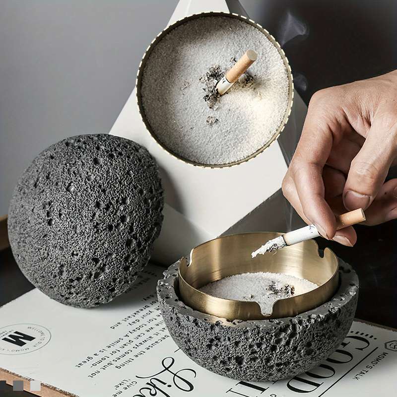 1pc Moon-Shaped Windproof Ashtray with Lid C Stylish Concrete Stainless Steel Design Golden
