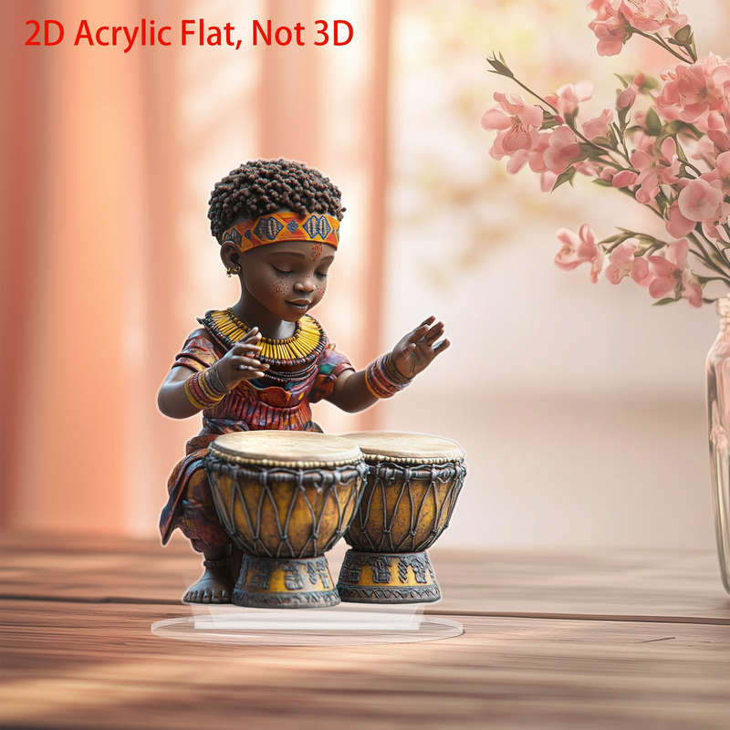 1pc 2D Flat   Acrylic African Boy Playing Drums Decorative Figurine Bohemian Style No Power Ne