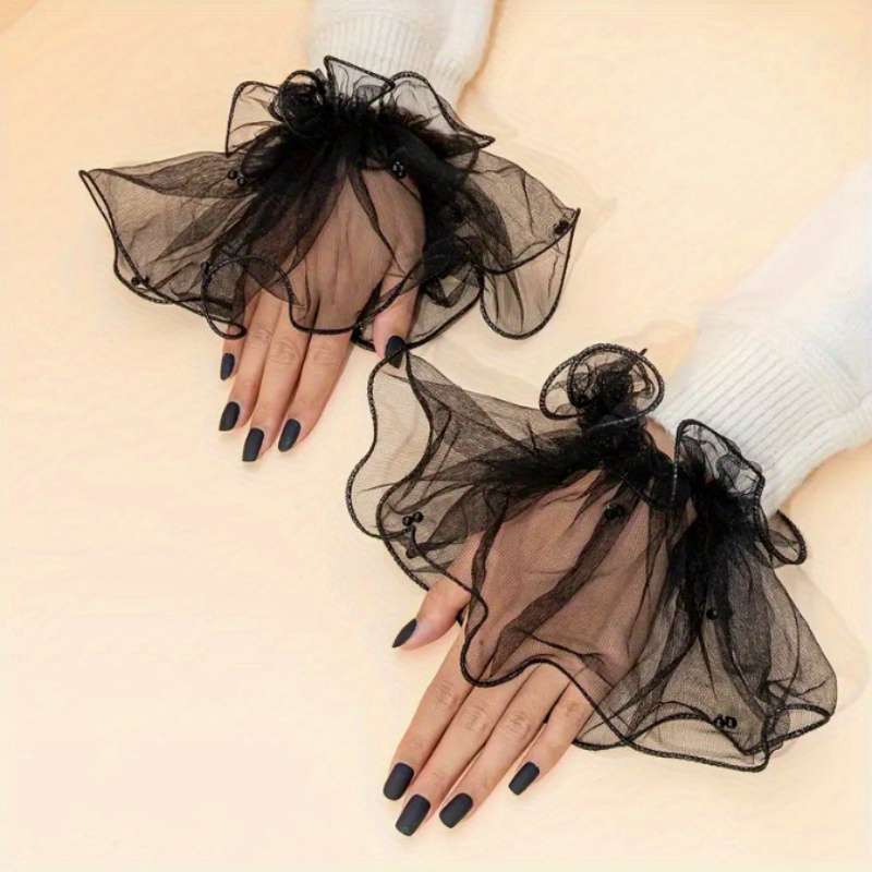 1 Pair Black Beaded Lace Cuff Gloves