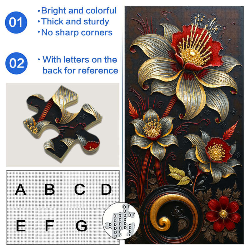 1000pcs Jigsaw Puzzle Elegant Golden Leaf Red Flower Design 80x40cm Waterproof