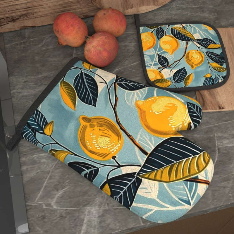 2pcs Lemon Leaf Pattern Oven Mitts Heat Resistant Non-Slip Kitchen Gloves for Baking Grilli