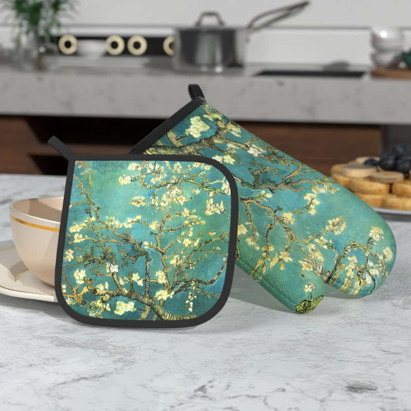 2pcs Heat-Resistant Oven Mitts with Apricot Tree Branch Design 26.92x17.02 cm Polyester Kitch