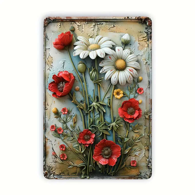 1pc Vintage Floral Iron Wall Art 29.97x19.81cm Retro Daisy Metal Plaque with 3D Embossed Design Rust