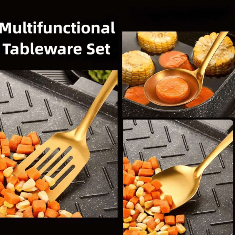 6pcs Gold-Plated Stainless Steel Kitchen Utensil Set Includes Soup Spoon Colander Frying Sh