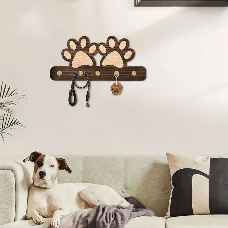 1pc Farmhouse Wooden Dog Paw Key Holder Wall MountRustic Dark Brown Organizer with 5 Unique Paw H