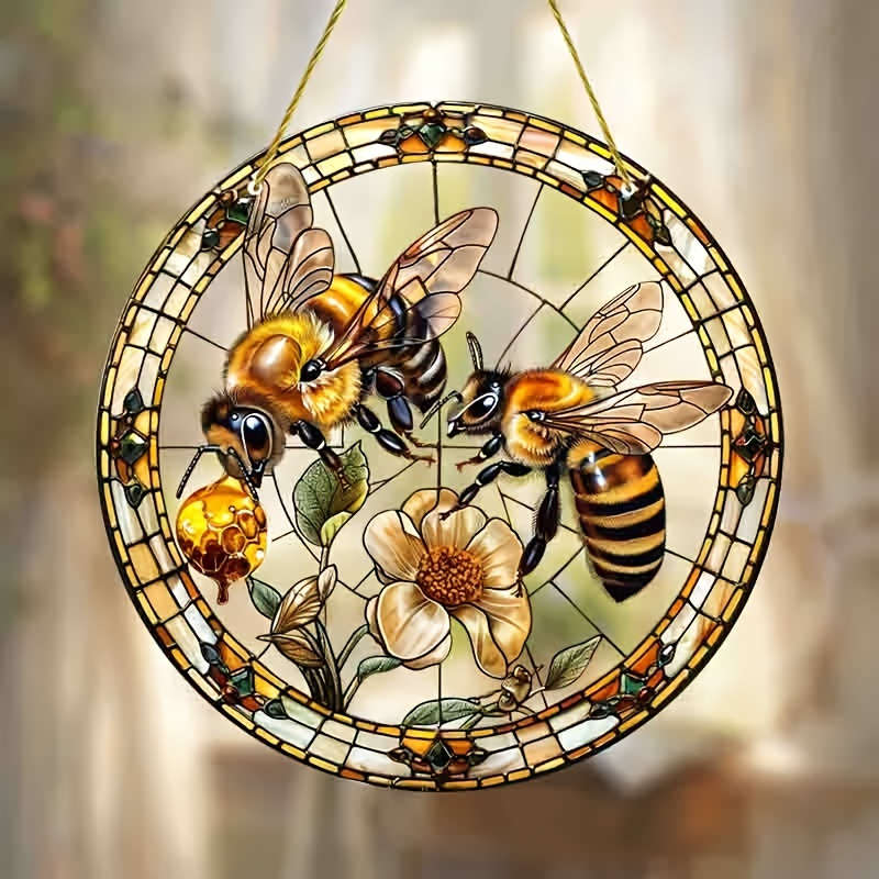1pc 2D Flat  20.32cm Acrylic Bee and Flower Stained Glass-Style Suncatcher Vibrant Wall Hanging D