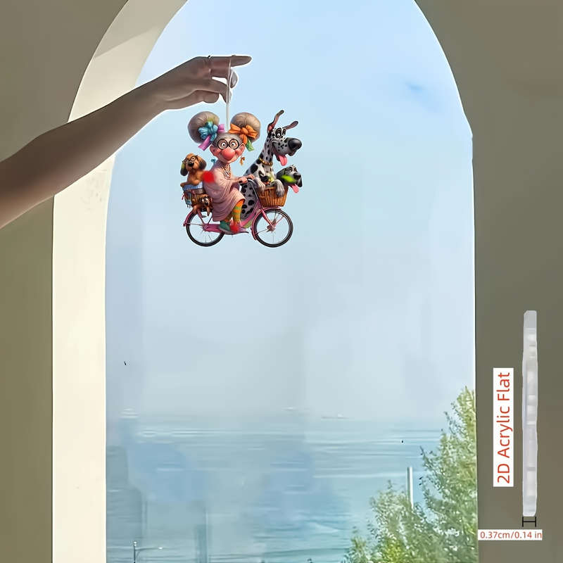 1pc 2D Flat    Acrylic Charming Grandma Riding Bicycle with Dogs Rearview Mirror Decoration P