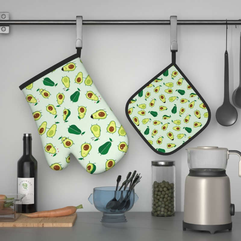2pcs Avocado Pattern Oven Mitt Set Heat Resistant Polyester Kitchen Accessories Machine Washa