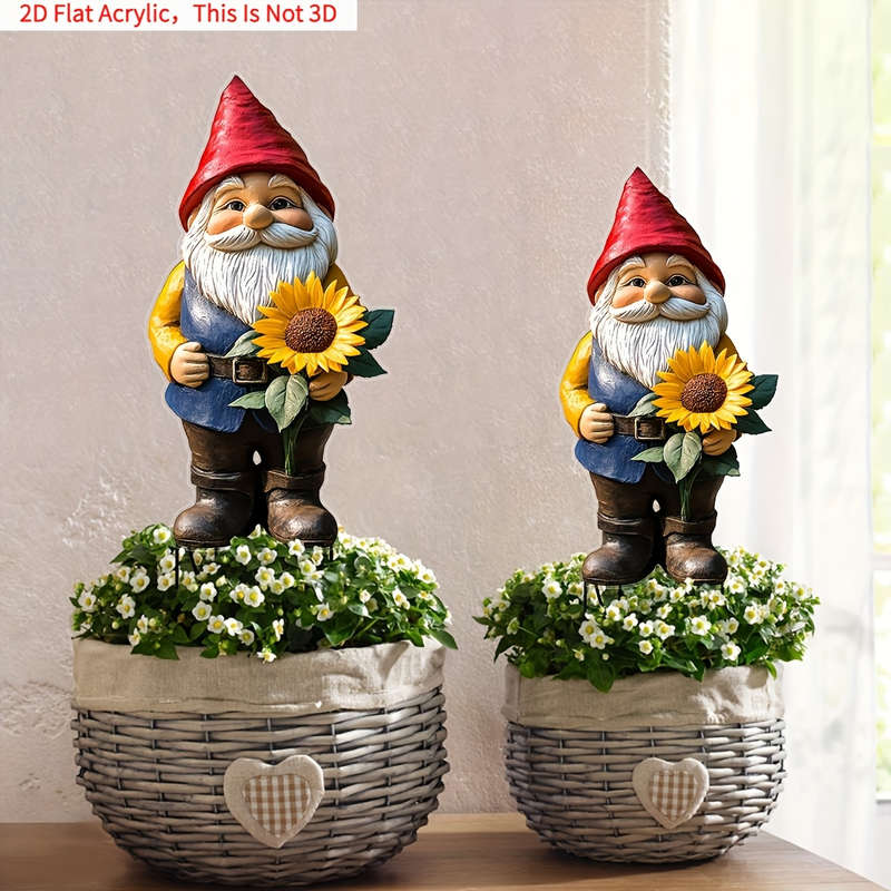 1pc 2D Flat   Charming Sunflower Garden Gnome  Acrylic Yard Stake Bonsai Decor Whimsical