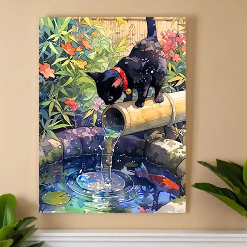 1pc Print Painting 2D Black Cat and Fish Unframed 30.48x40.64cm Canvas Art Creative and Impressive H