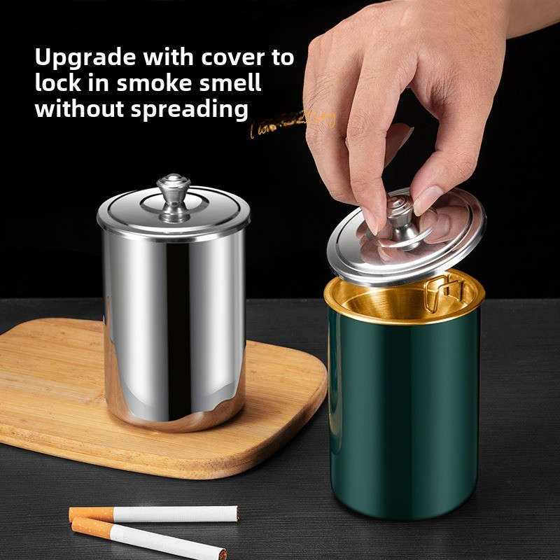 1pc Stainless Steel Home Living Room With Cover Ashtray Hotel Anti-fly Ash Drop-proof And Windproo