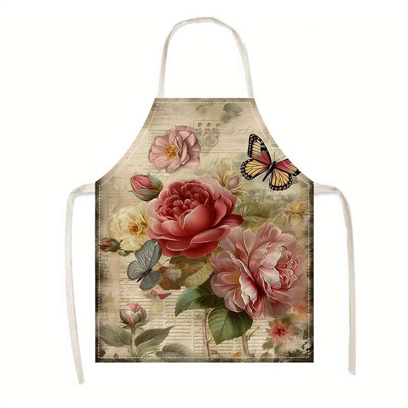 1pc Floral Print Linen Apron Stylish Vintage Rose Design Lightweight Breathable for Cookin