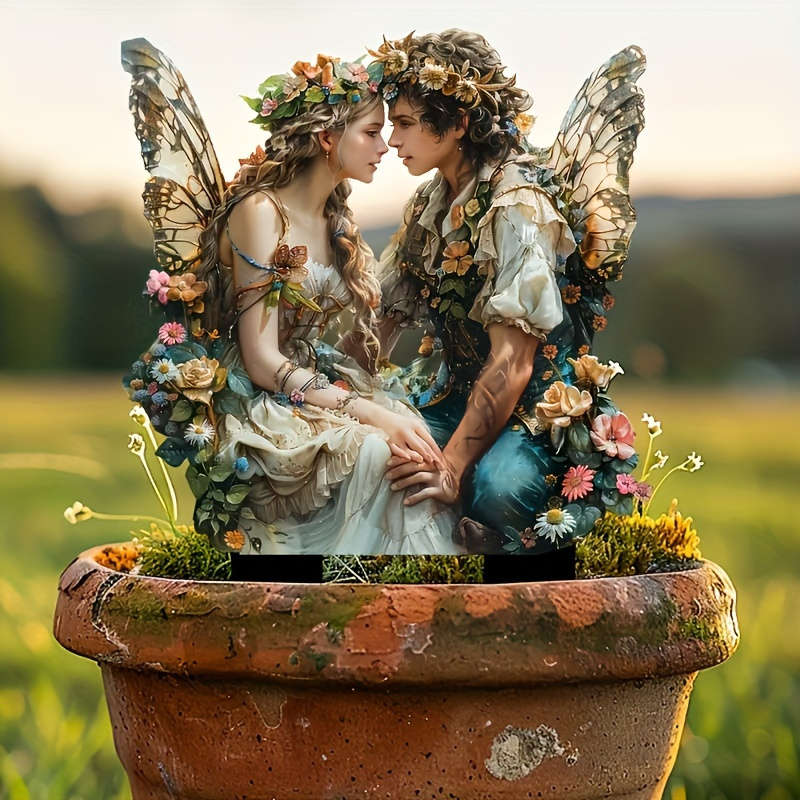 1pc 2D Flat   Charming Acrylic Fairy Couple Garden Card Set Love-Themed Outdoor Decoration Su