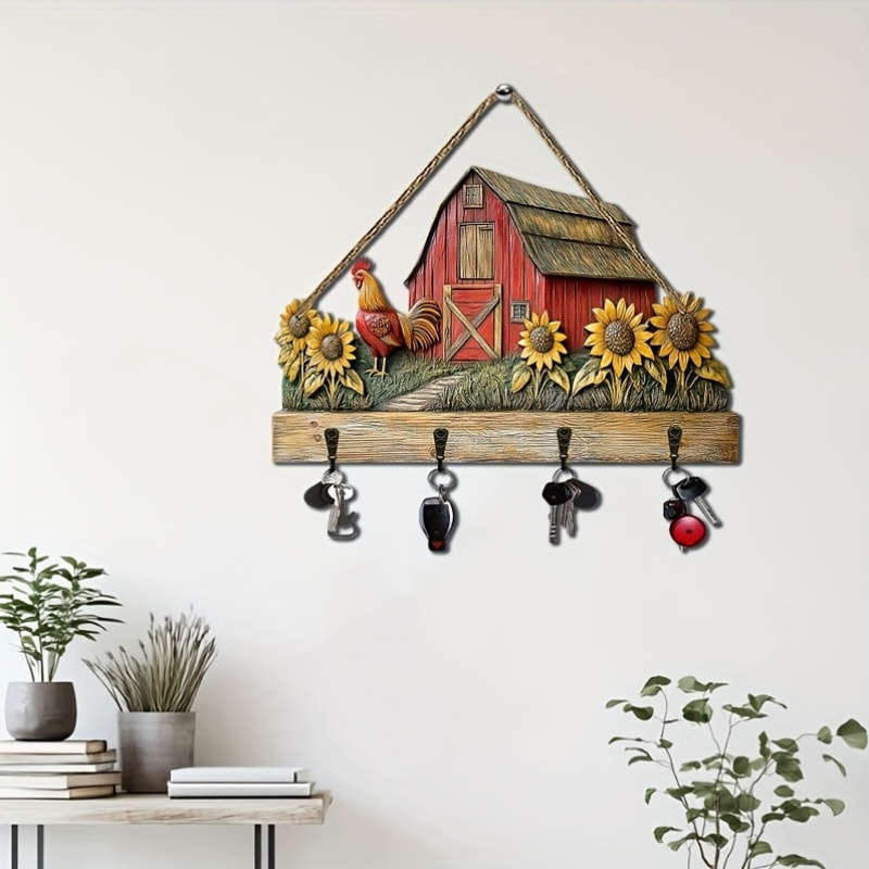 1pc Warm Sunflower Farm- Household Wooden Keychain( 29.97cm X 24.99cm) with Four Metal Hooks- Mult