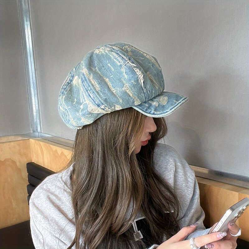 1pc Vintage Distressed Cloud Pattern Beret Hat Acrylic Lightweight Painter Cap with Stripe Cra