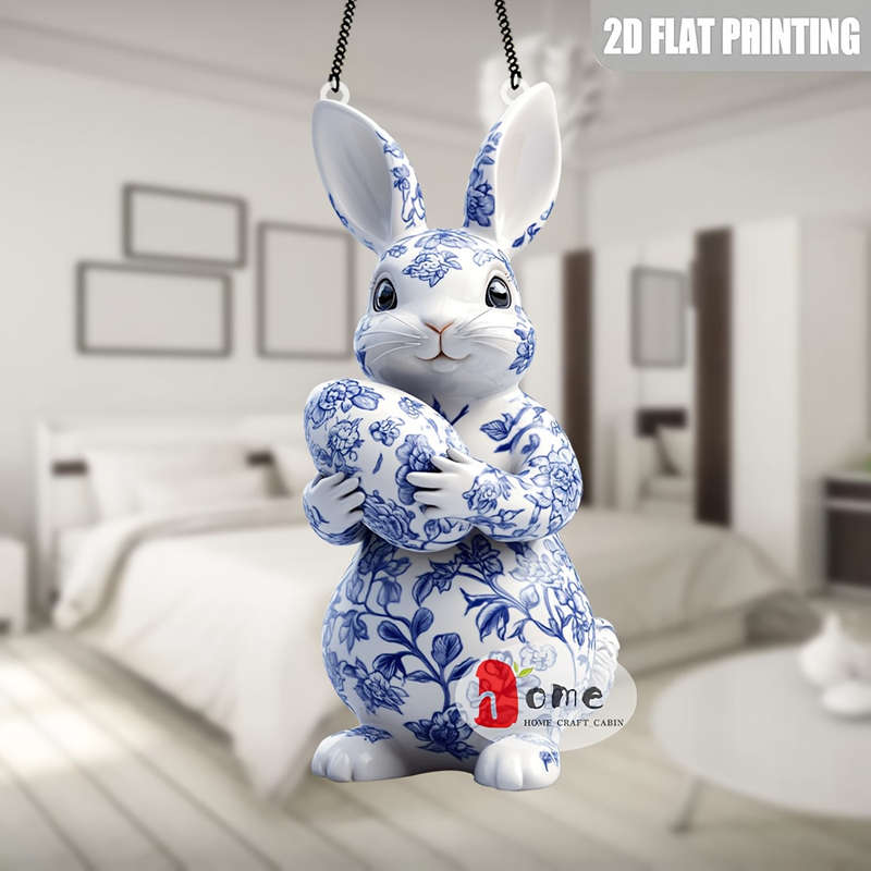1pc 2D Flat   Blue and White Porcelain Rabbit Acrylic Pendant- Classic Style Decorativ Perfect