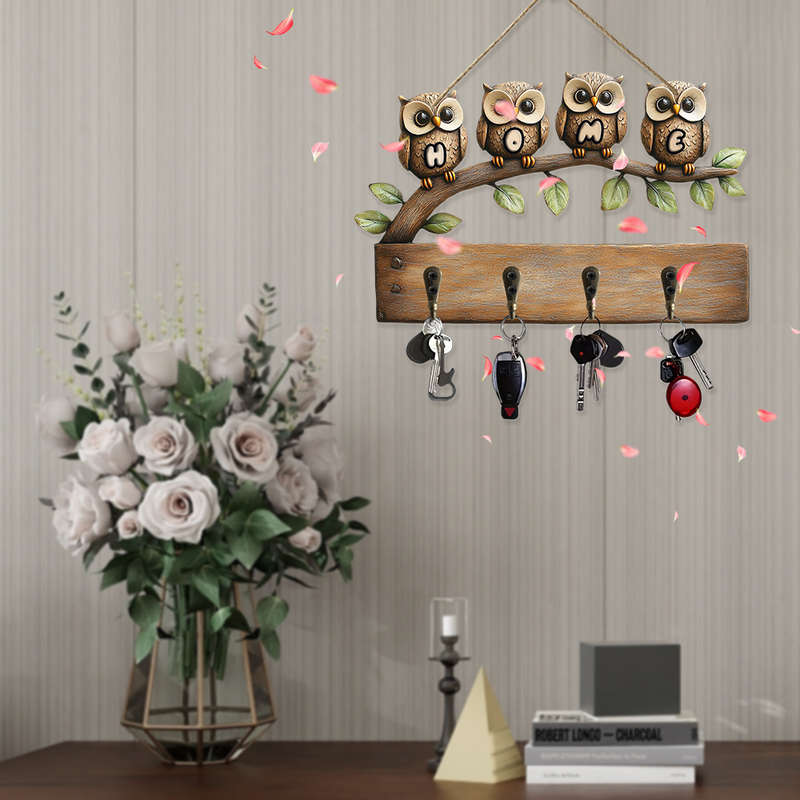 Vintage Owl Family Wall Hook RackRustic Wooden Key Holder with 4 Hooks Charming Owl Design for H
