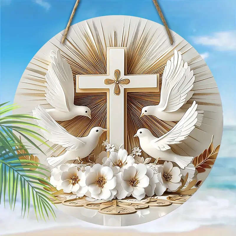 1pc Rustic Wooden Cross and Dove Wreath Sign 19.99cmx19.99cm Round Religious Wall Decor with Hanging