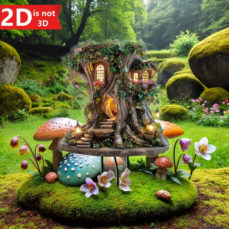 1pc 2D Flat   Magic Bohemian Fairy Tree House Garden Stake  Acrylic Decor with Glowing Wind