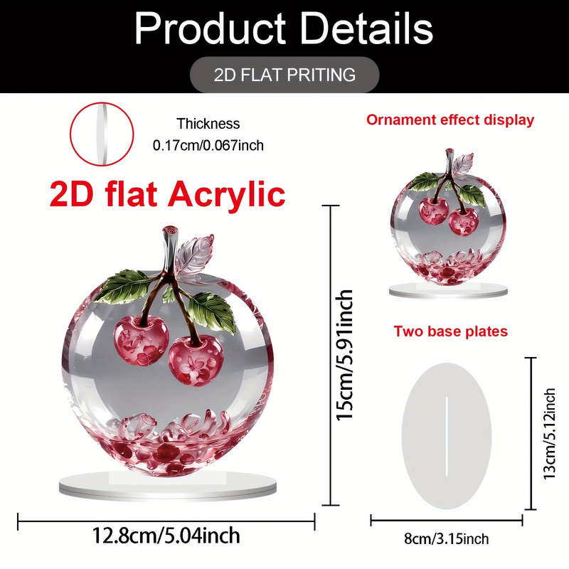 1pc 2D Flat  Plane  Acrylic Cherry Hanging Ornament with Stand Elegant Red and White Design Perf